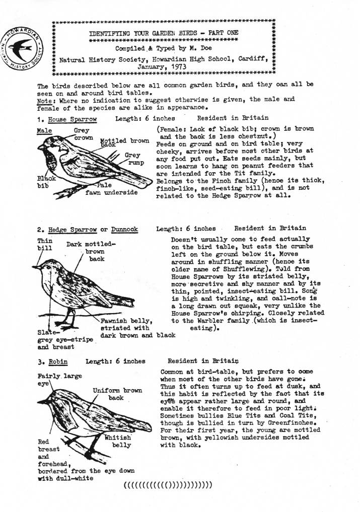 Identifying your Garden Birds
Part 1 Jan 1973