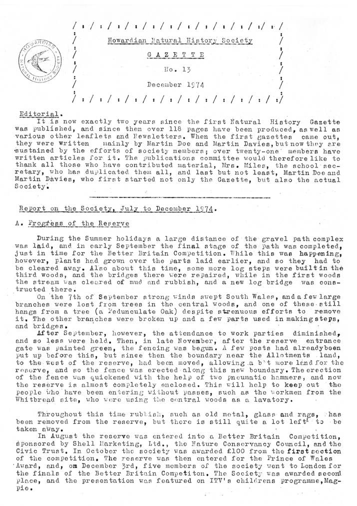 Natural History Gazette
No. 13 December 1974