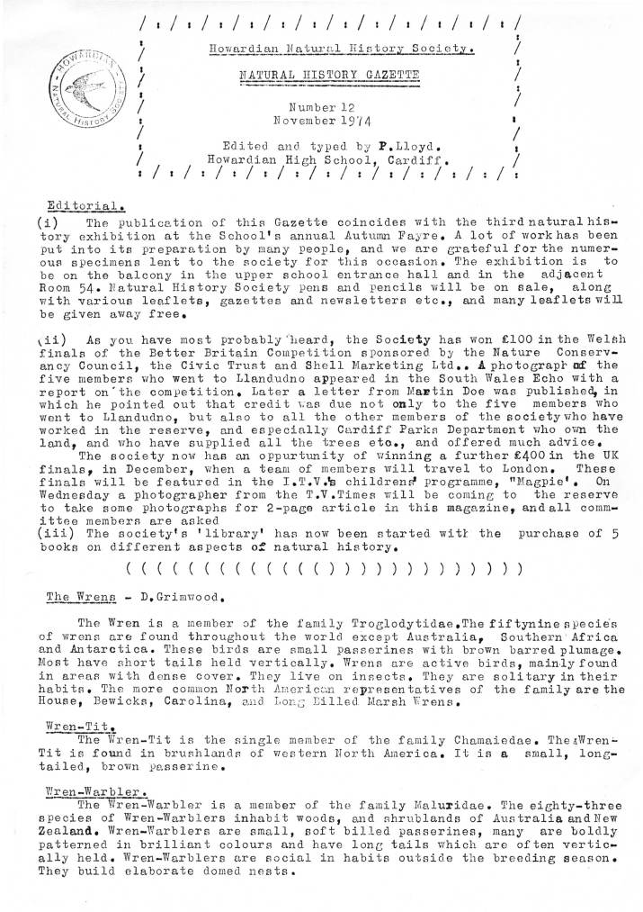 Natural History Gazette
No. 12 November 1974