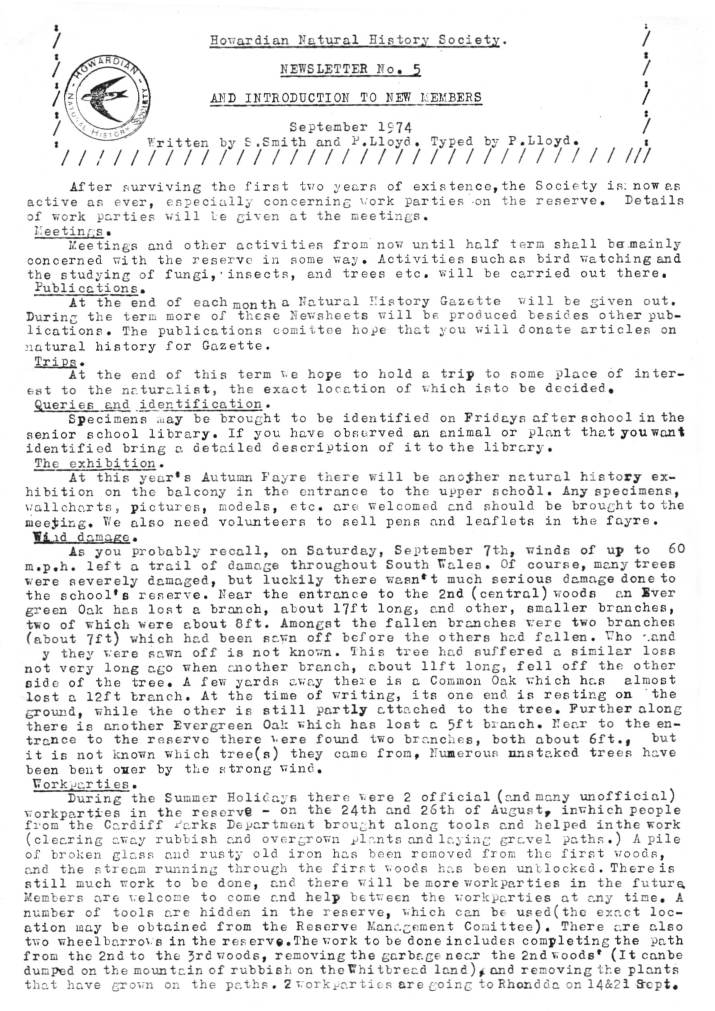 Natural History Newsletter
No. 5 September 1974