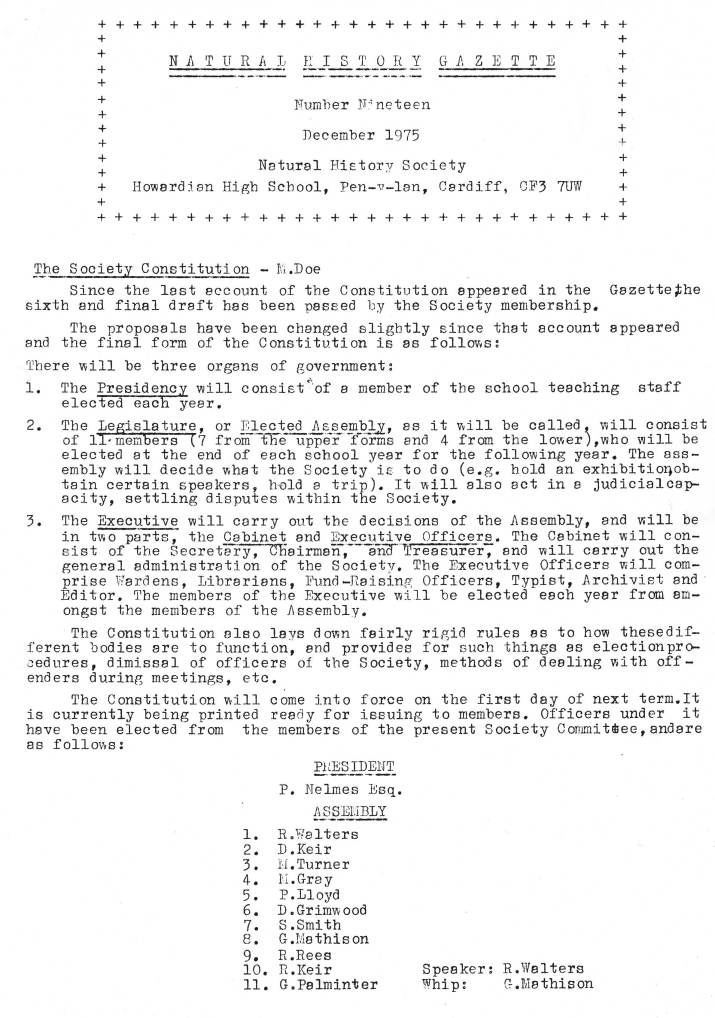 Natural History Gazette
No. 19 December 1975