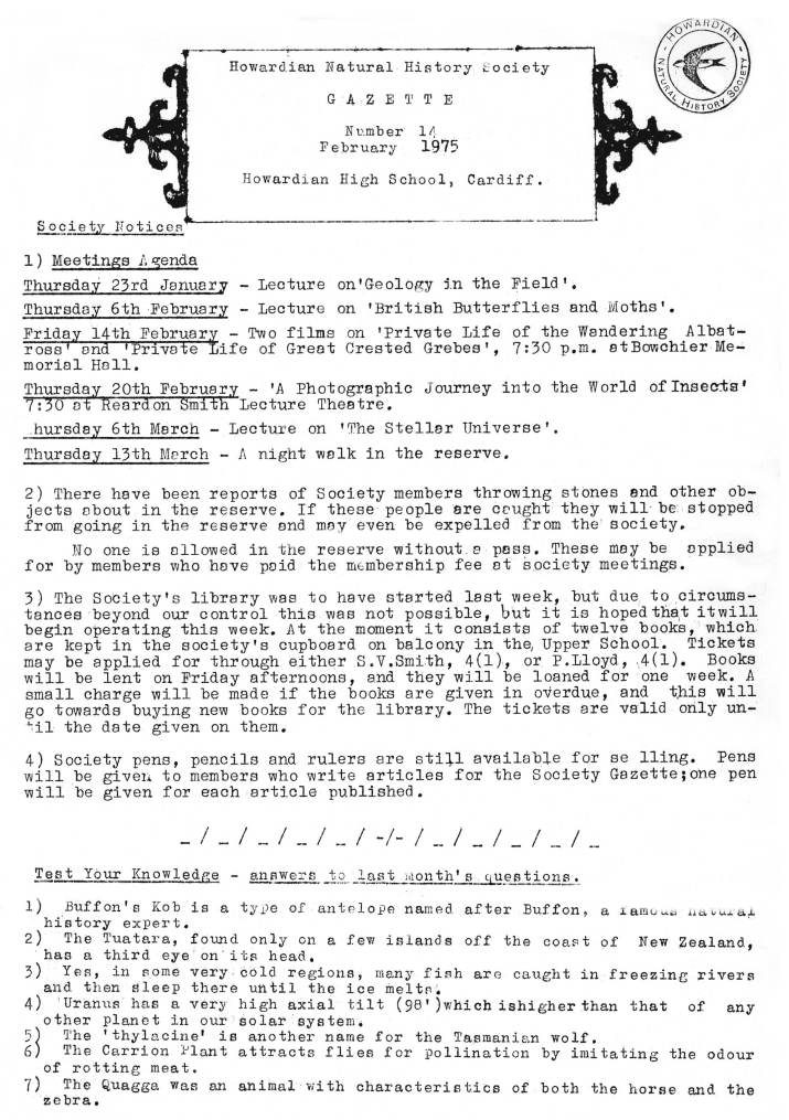 Natural History Gazette
No. 14 February 1975