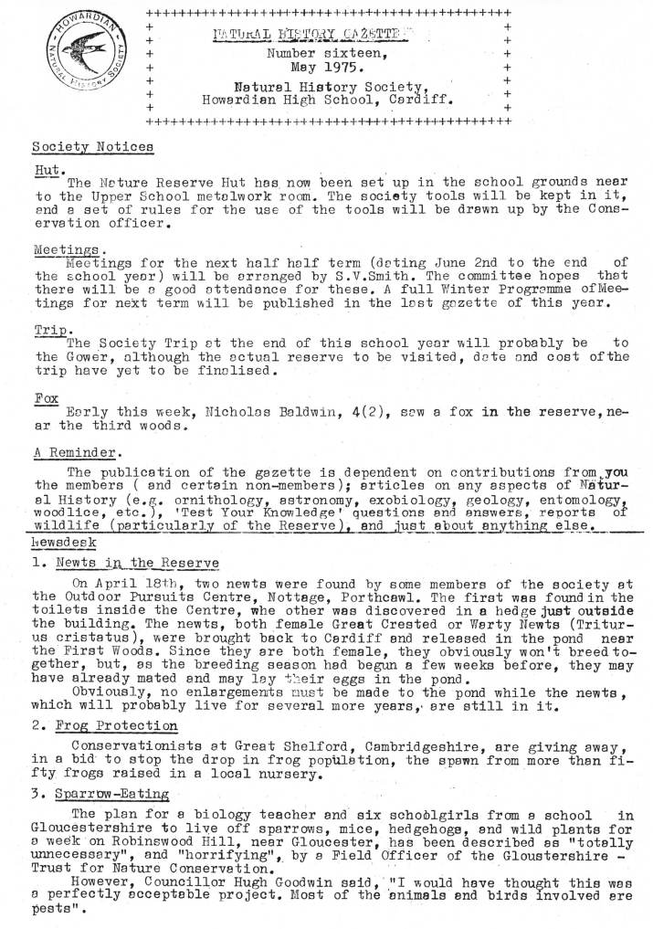 Natural History Gazette
No. 16 May 1975