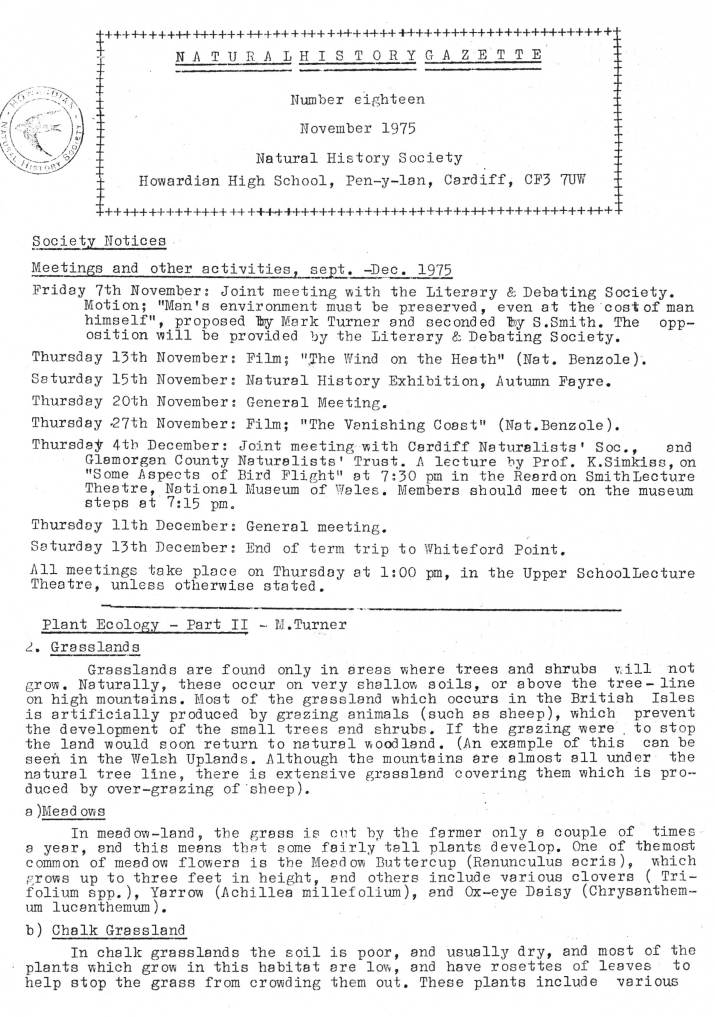 Natural History Gazette
No. 18 November 1975