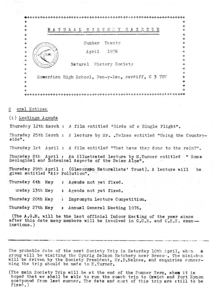 Natural History Gazette
No. 20 April 1976