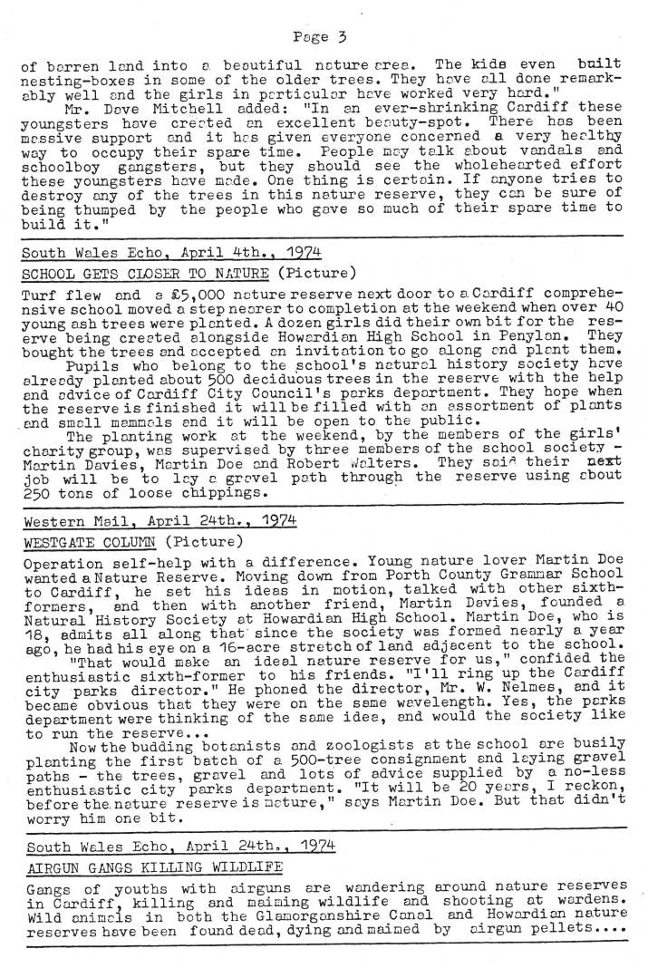 Natural History Society
Howardian High School
Press Review 1974