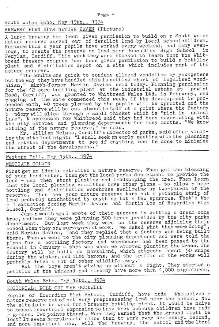 Natural History Society
Howardian High School
Press Review 1974