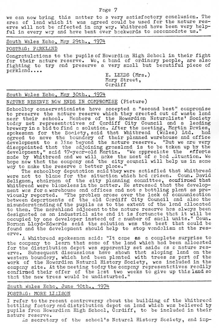 Natural History Society
Howardian High School
Press Review 1974