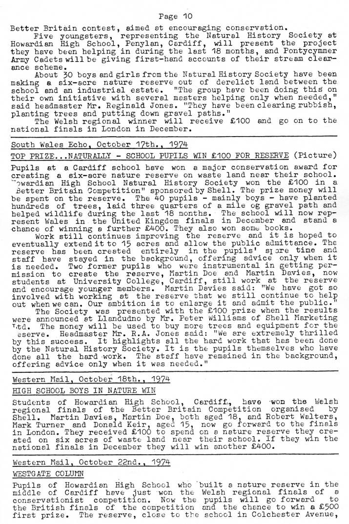 Natural History Society
Howardian High School
Press Review 1974