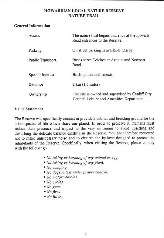 Howardian Local Nature Reserve
  Nature Trail Booklet 1996 (English)
  Value statement